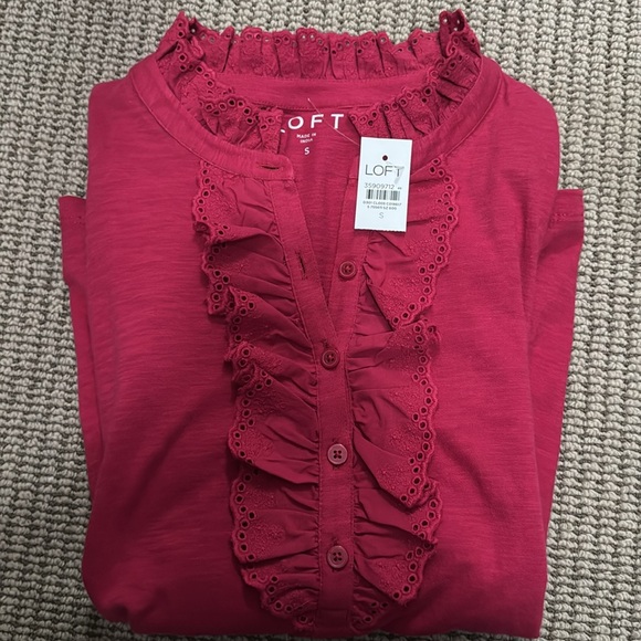 LOFT Eyelet Ruffle Henley Top - Picture 2 of 3